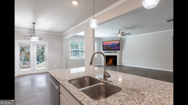 162 Cool Creek Ct, Dallas, GA 30132 - kitchen with a sink, open floor plan, dark wood finished floors, stainless steel dishwasher, and a fireplace with flush hearth