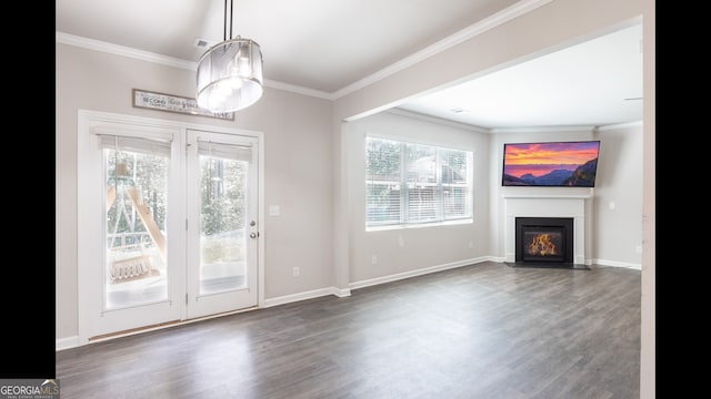 162 Cool Creek Ct, Dallas, GA 30132 - unfurnished living room with ornamental molding, a fireplace with flush hearth, and wood finished floors