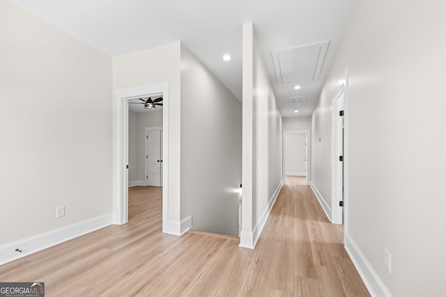 401 Roper Dr, Clarkesville, GA 30523 - hall featuring attic access, light wood finished floors, baseboards, and recessed lighting