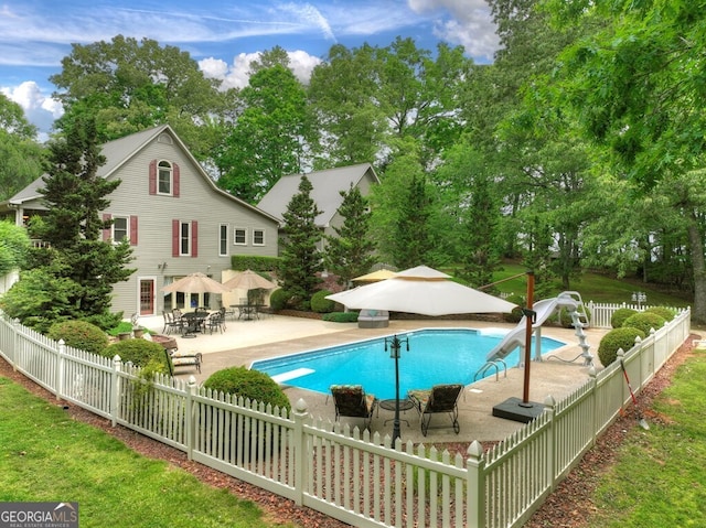270 Stone Ln, Blue Ridge, GA 30513 - view of pool featuring a water slide, a patio area, and view of scattered trees