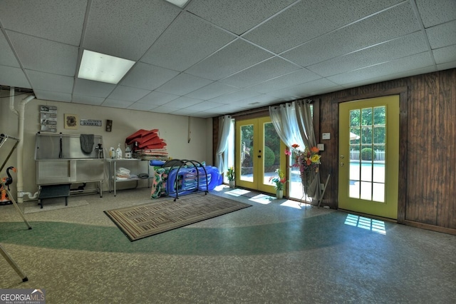 270 Stone Ln, Blue Ridge, GA 30513 - interior space featuring a drop ceiling, french doors, and wood walls