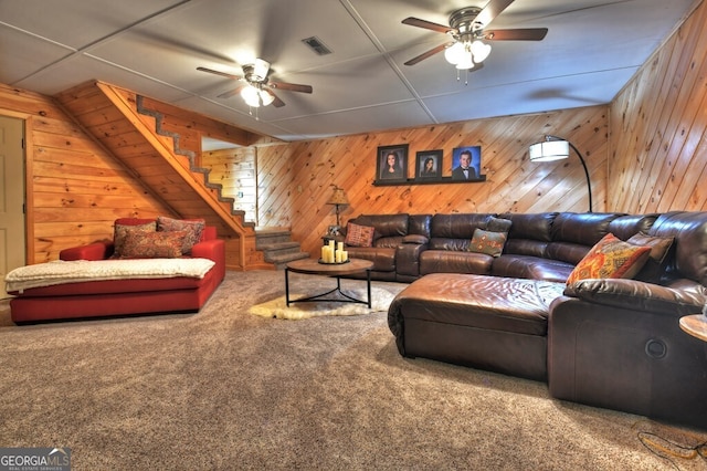 270 Stone Ln, Blue Ridge, GA 30513 - living area with ceiling fan, wooden walls, carpet floors, and stairs