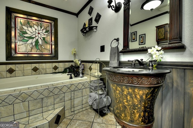 270 Stone Ln, Blue Ridge, GA 30513 - bathroom featuring crown molding, tile patterned floors, a garden tub, and vanity