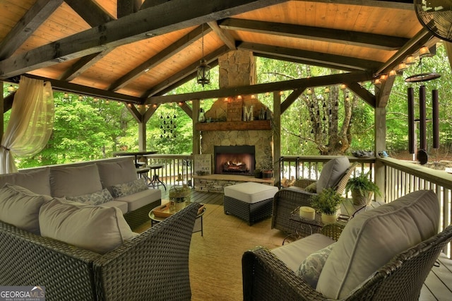 270 Stone Ln, Blue Ridge, GA 30513 - wooden terrace featuring a gazebo and an outdoor living space with a fireplace