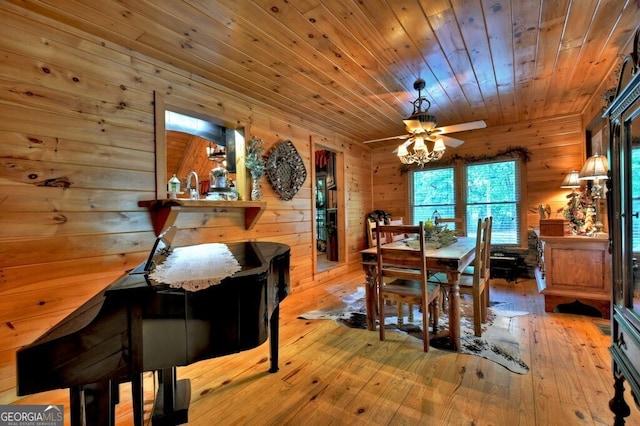270 Stone Ln, Blue Ridge, GA 30513 - dining area featuring ceiling fan, wooden ceiling, wood-type flooring, and wood walls