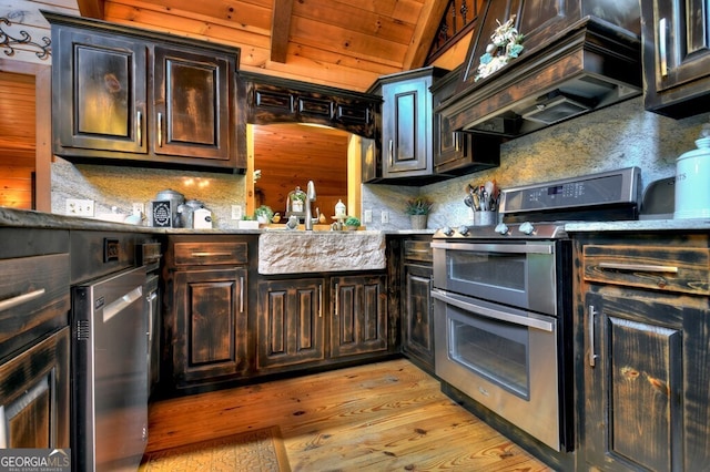 270 Stone Ln, Blue Ridge, GA 30513 - kitchen featuring double oven range, wooden ceiling, decorative backsplash, light wood finished floors, and lofted ceiling