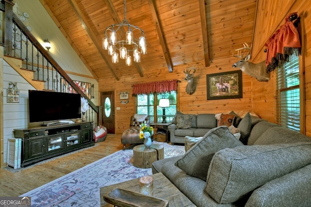 270 Stone Ln, Blue Ridge, GA 30513 - living area with hardwood / wood-style flooring, wood ceiling with exposed beams, stairs, a chandelier, and wood walls