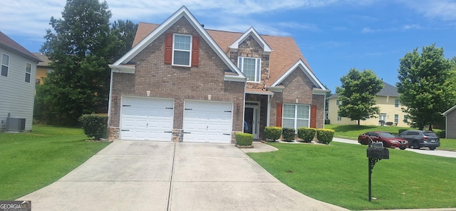 7314 Basalt Dr, Union City, GA 30291 - traditional-style home with concrete driveway, stone siding, a front yard, an attached garage, and brick siding
