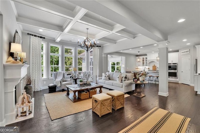 3330 Riverwalk Way, Cumming, GA 30040 - living area featuring dark wood-style floors, beam ceiling, a chandelier, recessed lighting, and baseboards