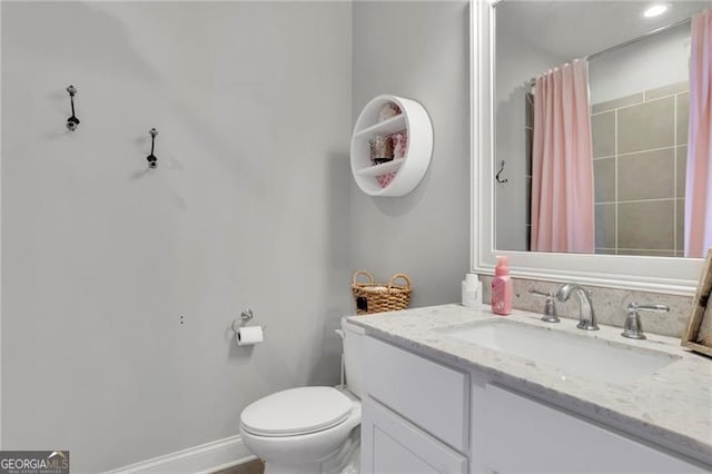 3330 Riverwalk Way, Cumming, GA 30040 - full bathroom featuring vanity, toilet, a shower with shower curtain, and baseboards