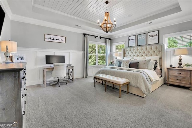 3330 Riverwalk Way, Cumming, GA 30040 - carpeted bedroom with a raised ceiling, ornamental molding, a chandelier, multiple windows, and wood ceiling