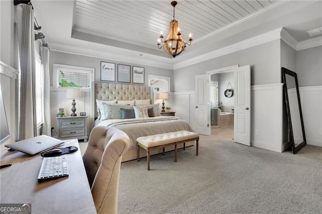 3330 Riverwalk Way, Cumming, GA 30040 - carpeted bedroom with a raised ceiling, a chandelier, multiple windows, ornamental molding, and a wainscoted wall