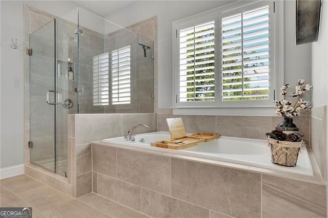 3330 Riverwalk Way, Cumming, GA 30040 - bathroom featuring a bath, a stall shower, and tile patterned flooring