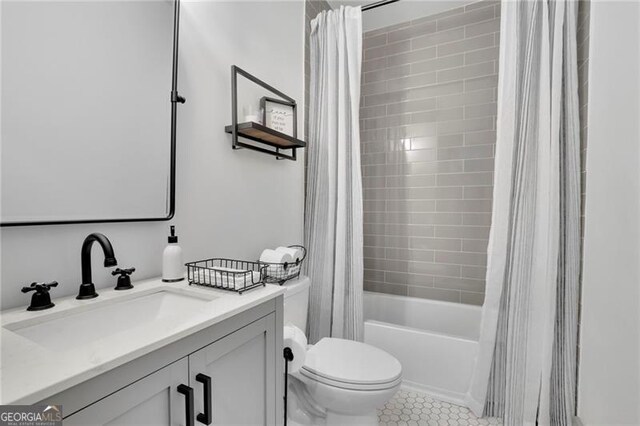 3330 Riverwalk Way, Cumming, GA 30040 - bathroom with vanity, toilet, shower / tub combo with curtain, and tile patterned flooring