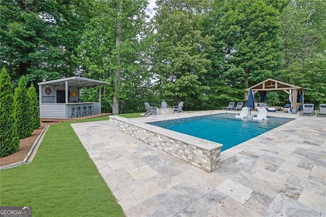 3330 Riverwalk Way, Cumming, GA 30040 - outdoor pool featuring a gazebo, a patio, and view of wooded area