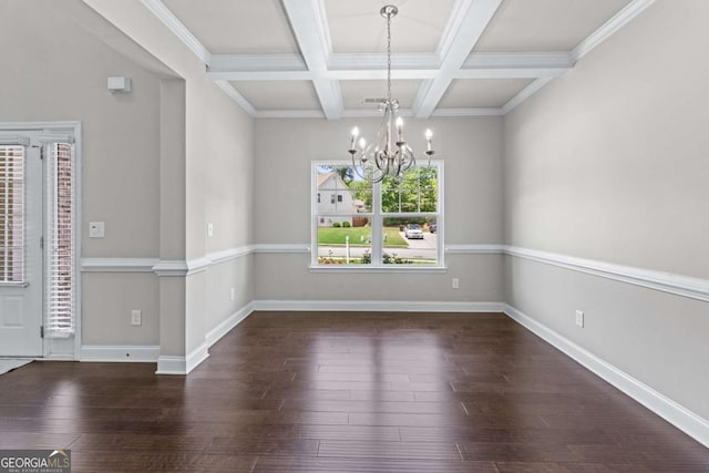 350 Paces Dr, Lithia Springs, GA 30122 - empty room with a chandelier, hardwood / wood-style floors, beamed ceiling, coffered ceiling, and baseboards