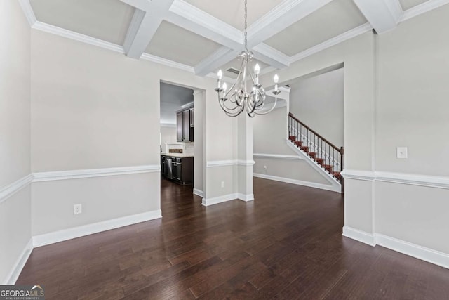 350 Paces Dr, Lithia Springs, GA 30122 - unfurnished dining area with a chandelier, coffered ceiling, dark wood-style flooring, beamed ceiling, and stairs