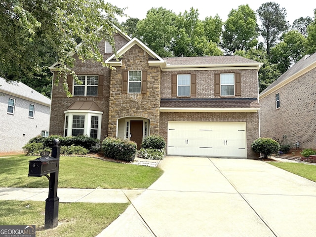 3389 Rosecliff Trce, Buford, GA 30519 - view of front of home with a garage, concrete driveway, a front lawn, and brick siding
