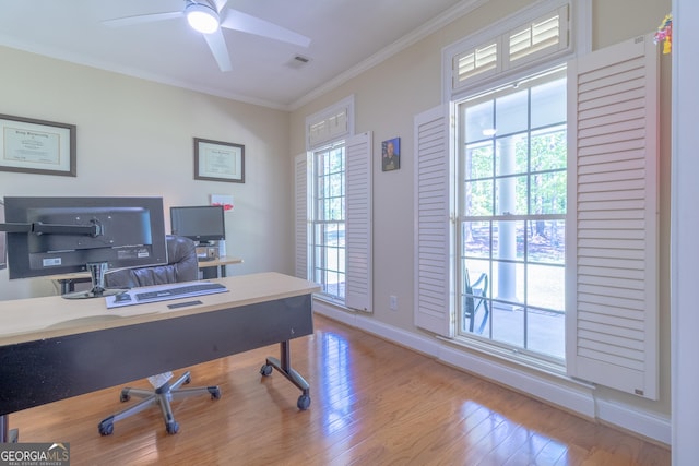 11389 Whitesville Rd, Fortson, GA 31808 - office area featuring a ceiling fan, wood finished floors, crown molding, and baseboards