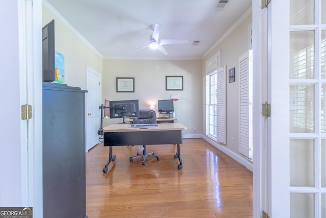 11389 Whitesville Rd, Fortson, GA 31808 - office area with a ceiling fan, wood finished floors, crown molding, and baseboards
