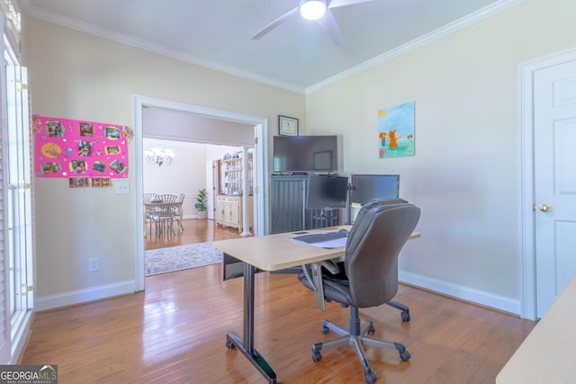 11389 Whitesville Rd, Fortson, GA 31808 - office area featuring wood finished floors, crown molding, baseboards, ceiling fan, and a chandelier