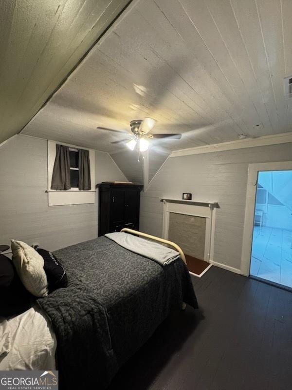 44 Lee St, Concord, GA 30206 - bedroom featuring lofted ceiling, dark wood-type flooring, wooden ceiling, ceiling fan, and baseboards