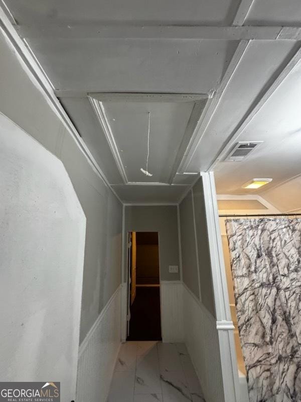44 Lee St, Concord, GA 30206 - corridor with a wainscoted wall, marble finish floors, and attic access