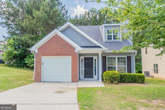 4695 Ravenwood Loop, Union City, GA 30291 - view of front facade with a front lawn, an attached garage, concrete driveway, brick siding, and central air condition unit