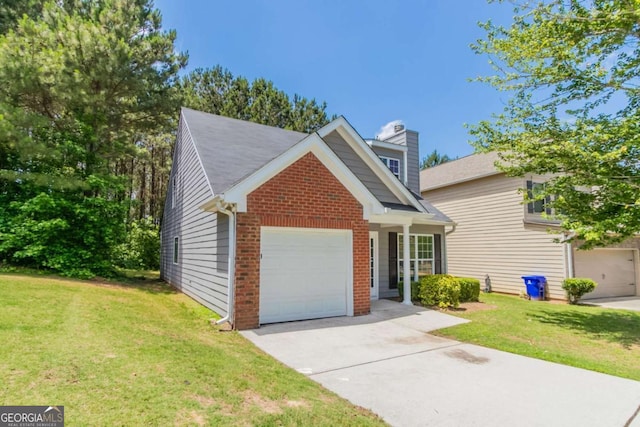 4695 Ravenwood Loop, Union City, GA 30291 - view of front facade with driveway, brick siding, a garage, a front yard, and a chimney