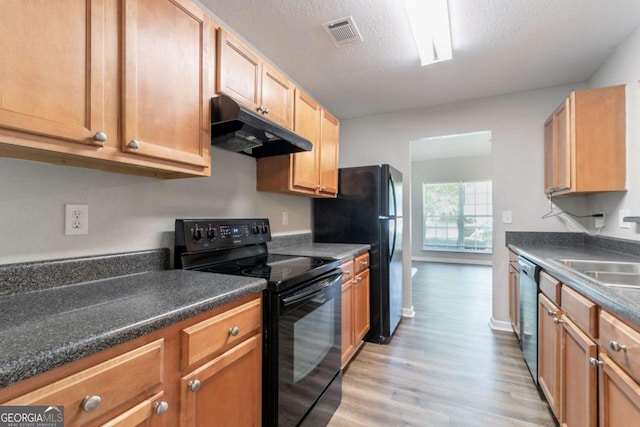 4695 Ravenwood Loop, Union City, GA 30291 - kitchen with black appliances, under cabinet range hood, light wood finished floors, a sink, and dark countertops