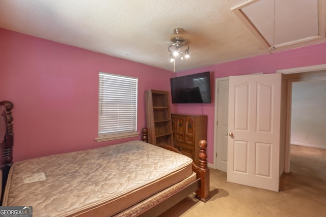 1385 Kinsey Town Rd, Cleveland, GA 30528 - bedroom with attic access, light carpet, a textured ceiling, and ceiling fan