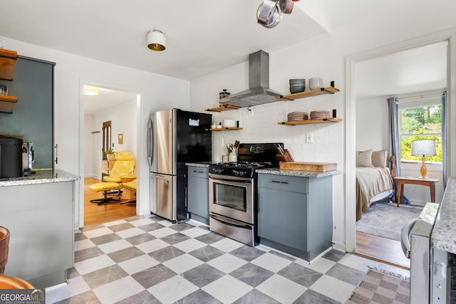 1682 Grace St SE, Atlanta, GA 30316 - kitchen with open shelves, stainless steel appliances, ventilation hood, gray cabinetry, and tasteful backsplash