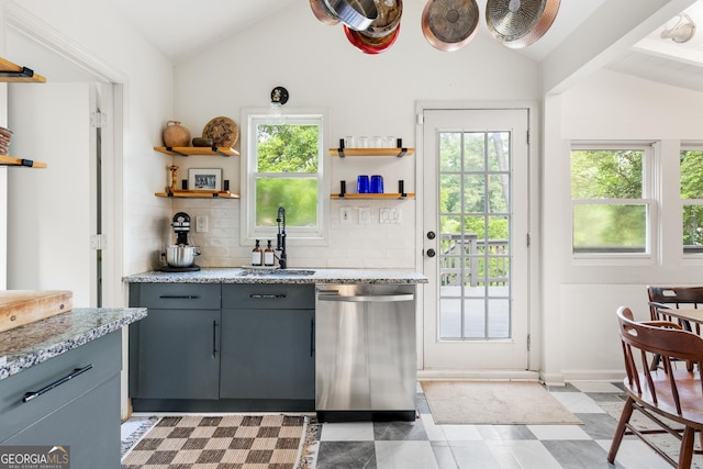 1682 Grace St SE, Atlanta, GA 30316 - kitchen featuring stainless steel dishwasher, vaulted ceiling, a sink, open shelves, and plenty of natural light
