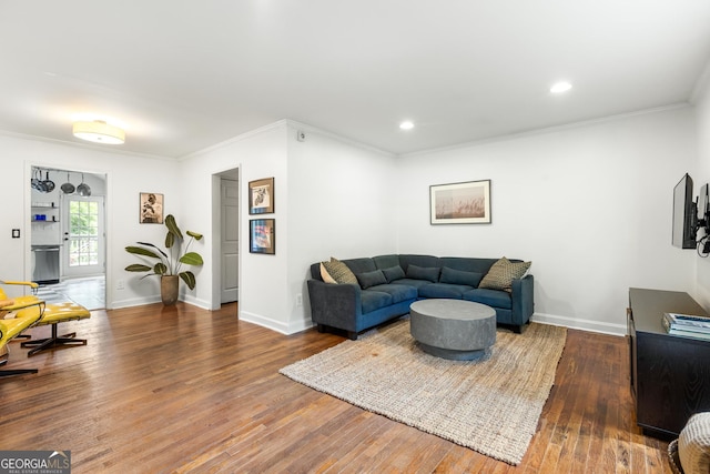 1682 Grace St SE, Atlanta, GA 30316 - living room with wood finished floors, ornamental molding, baseboards, and recessed lighting