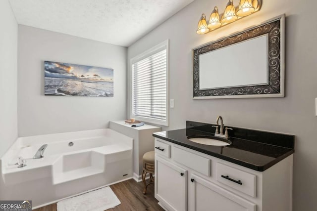 397 Harvey Lokey Rd, Bethlehem, GA 30620 - bathroom featuring wood finished floors, vanity, a garden tub, and a textured ceiling