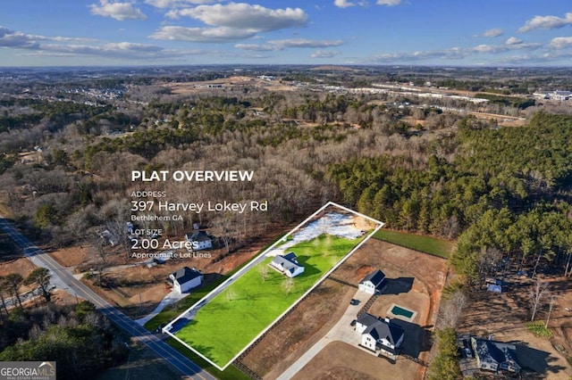 397 Harvey Lokey Rd, Bethlehem, GA 30620 - aerial view of property's location featuring property boundaries highlighted and a heavily wooded area