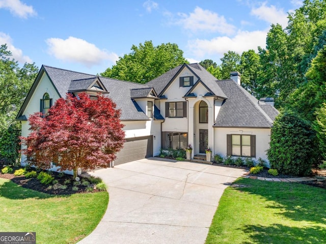 414 Dogwood Way, Canton, GA 30114 - french country style house with stucco siding, driveway, a chimney, and a shingled roof