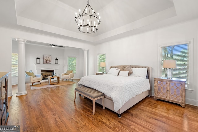 414 Dogwood Way, Canton, GA 30114 - bedroom with decorative columns, multiple windows, a glass covered fireplace, and crown molding
