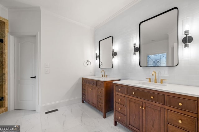 414 Dogwood Way, Canton, GA 30114 - bathroom with two vanities, baseboards, marble finish flooring, ornamental molding, and a shower