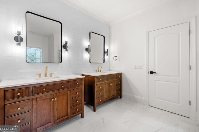 414 Dogwood Way, Canton, GA 30114 - full bath featuring two vanities, marble look tiles, crown molding, and baseboards