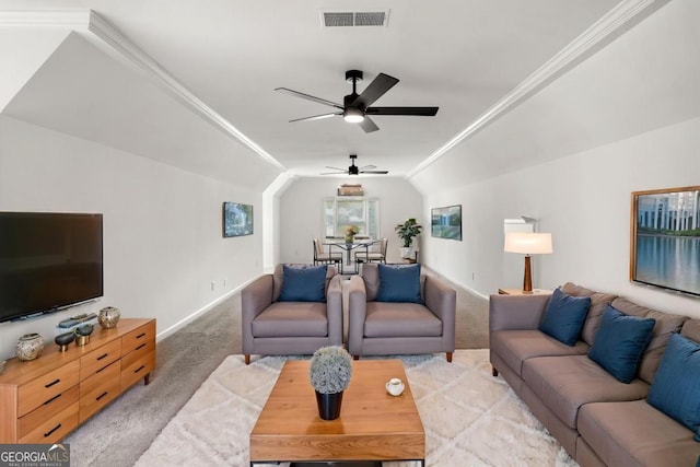 414 Dogwood Way, Canton, GA 30114 - living room with light colored carpet, a ceiling fan, vaulted ceiling, and baseboards