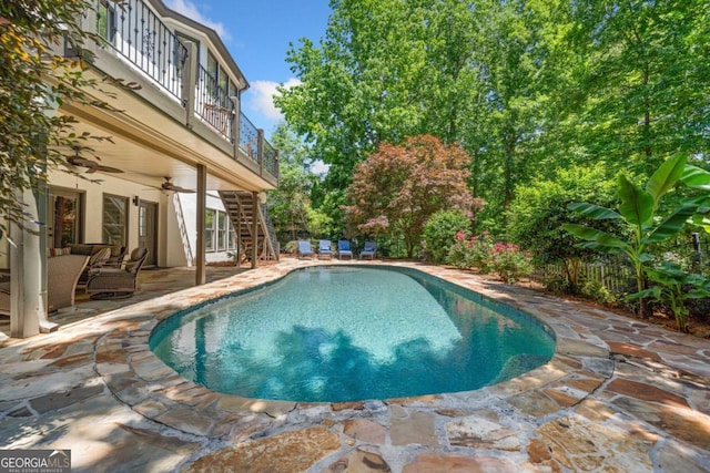 414 Dogwood Way, Canton, GA 30114 - outdoor pool featuring a ceiling fan, stairs, and a patio area