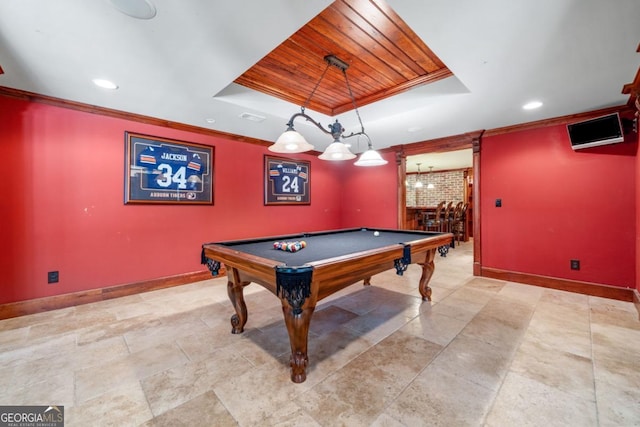 414 Dogwood Way, Canton, GA 30114 - rec room with a tray ceiling, baseboards, wood ceiling, crown molding, and billiards table