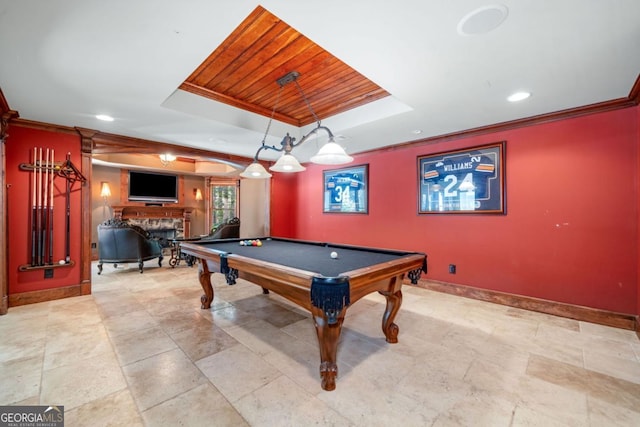 414 Dogwood Way, Canton, GA 30114 - rec room with a raised ceiling, baseboards, crown molding, a fireplace, and wood ceiling