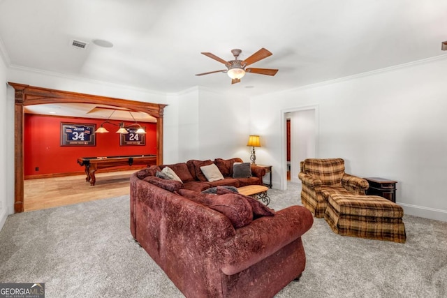 414 Dogwood Way, Canton, GA 30114 - living room with carpet, ceiling fan, crown molding, baseboards, and pool table