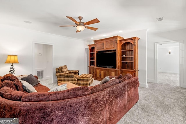 414 Dogwood Way, Canton, GA 30114 - living room with light carpet, ceiling fan, recessed lighting, baseboards, and ornamental molding