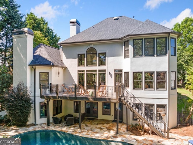 414 Dogwood Way, Canton, GA 30114 - rear view of property featuring a chimney, stucco siding, a patio area, roof with shingles, and stairway