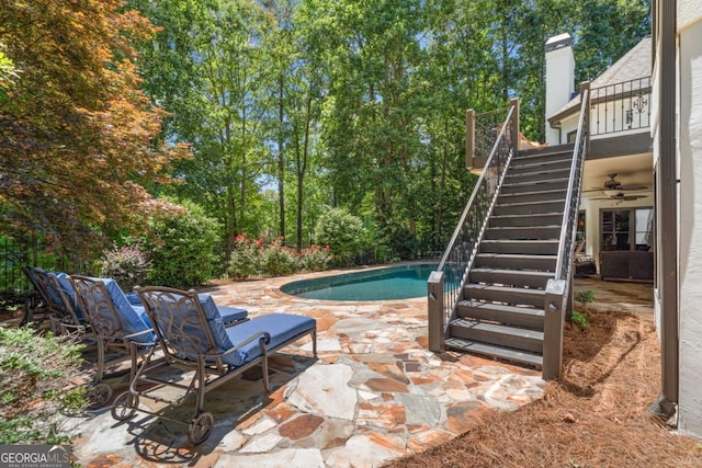414 Dogwood Way, Canton, GA 30114 - outdoor pool with stairway, a patio, and a ceiling fan