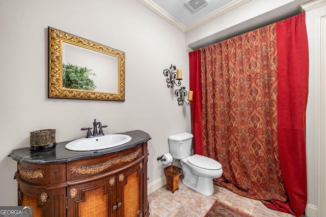 414 Dogwood Way, Canton, GA 30114 - full bath featuring vanity, crown molding, toilet, baseboards, and curtained shower