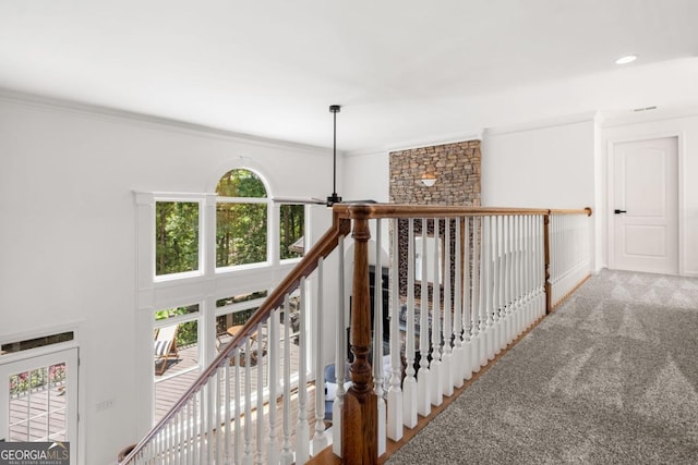 414 Dogwood Way, Canton, GA 30114 - hall featuring plenty of natural light, carpet flooring, ornamental molding, and recessed lighting